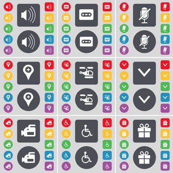 Sound, Cassette, Microphone, Checkpoint, Helicopter, Arrow down, Film camera, Disabled person, Gift icon symbol. A large set of flat, colored buttons for your design. illustration