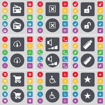 Radio, Stop, Lock, Cloud, Volume, USB, Shopping cart, Disabled person, Star icon symbol. A large set of flat, colored buttons for your design. illustration