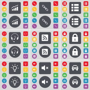 Graph, Link, List, Headphones, RSS, Lock, Light bulb, Mute, Car icon symbol. A large set of flat, colored buttons for your design. illustration