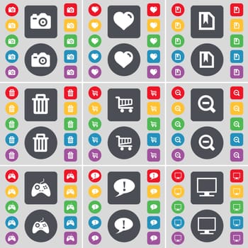 Camera, Heart, File, Trash can, Magnifying glass, Gamepad, Chat bubble, Monitor icon symbol. A large set of flat, colored buttons for your design. illustration