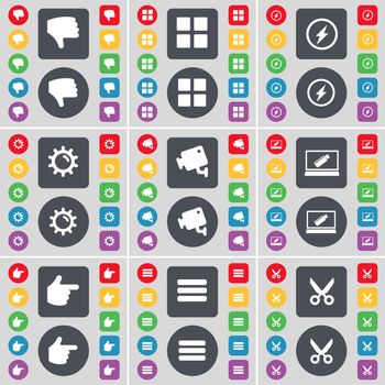 Dislike, Apps, Flash, Gear, CCTV, Laptop, Hand, Apps, Scissors icon symbol. A large set of flat, colored buttons for your design. illustration