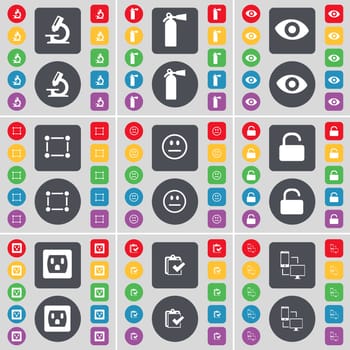 Microscope, Fire extinguisher, Viision, Frame, Smile, Lock, Socket, Survey, Connection icon symbol. A large set of flat, colored buttons for your design. illustration