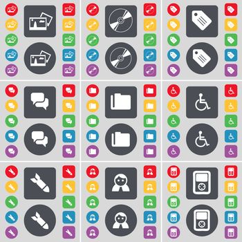Picture, Disk, Tag, Chat, Folder, Disabled, Rocket, Avatar, Player icon symbol. A large set of flat, colored buttons for your design. illustration