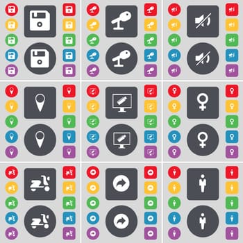 Floppy, Microscope, Mute, Checkpoint, Monitor, Venus symbol, Scooter, Back, Silhouette icon symbol. A large set of flat, colored buttons for your design. illustration