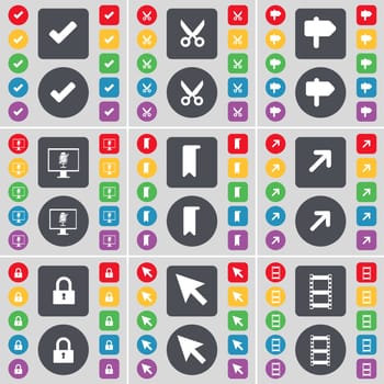 Tick, Scissors, Signpost, Monitor, Marker, Full screen, Lock, Cursor, Negative films icon symbol. A large set of flat, colored buttons for your design. illustration