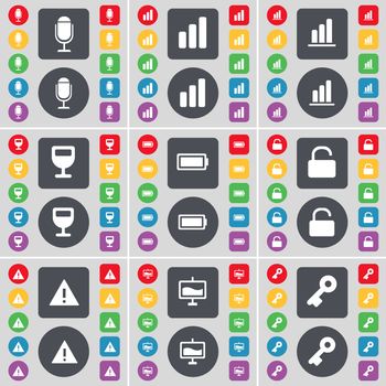 Microphone, Diagram, Wineglass, Battery, Lock, Warning, Graph, Key icon symbol. A large set of flat, colored buttons for your design. illustration