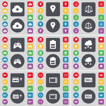 Cloud, Checkpoint, Scales, Gamepad, Battery, Cloud, Cassette, Microwave, Sell icon symbol. A large set of flat, colored buttons for your design. illustration