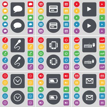Chat bubble, Credit card, Media play, Microphone, Smartphone, Keyboard, Arrow down, Battery, Message icon symbol. A large set of flat, colored buttons for your design. illustration