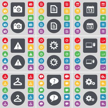 Camera, Text file, Calendar, Warning, Gear, Laptop, Hanger, Chat bubble, Gear icon symbol. A large set of flat, colored buttons for your design. illustration