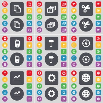 Copy, Gallery, Scissors, Mobile phone, Signpost, Compass, Graph, Gear, Globe icon symbol. A large set of flat, colored buttons for your design. illustration