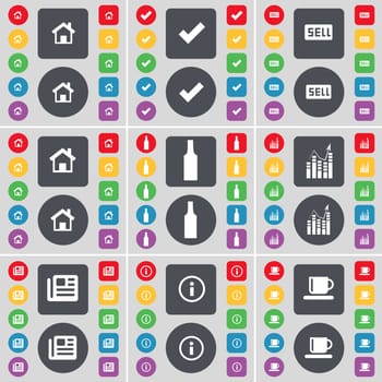 House, Tick, Sell, House, Bottle, Graph, Newspaper, Information, Cup icon symbol. A large set of flat, colored buttons for your design. illustration