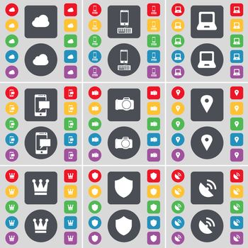 Cloud, Smartphone, Laptop, SMS, Camera, Checkpoint, Crown, Badge, Satellite dish icon symbol. A large set of flat, colored buttons for your design. illustration