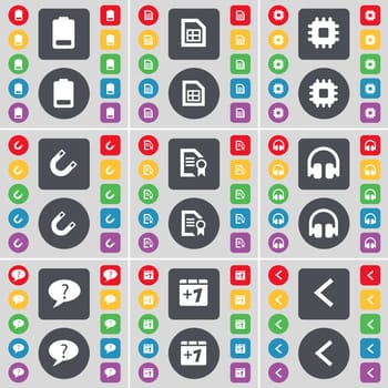 Battery, File, Processor, Magnet, Text file, Headphones, Chat bubble, Plus one, Arrow left icon symbol. A large set of flat, colored buttons for your design. illustration