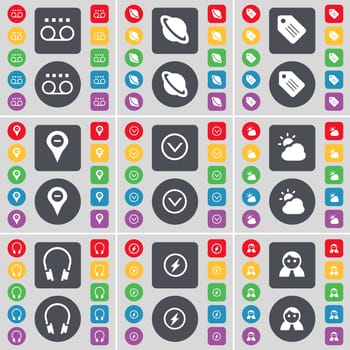 Cassette, Planet, Tag, Checkpoint, Arrow down, Cloud, Headphones, Flash, Avatar icon symbol. A large set of flat, colored buttons for your design. illustration