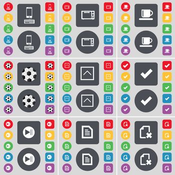 Smartphone, Microscope, Cup, Ball, Arrow up, Tick, Media skip, Text file icon symbol. A large set of flat, colored buttons for your design. illustration