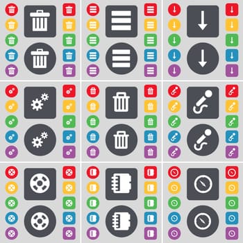 Trash can, Apps, Arrow down, Gear, Trash can, Microphone, Videotape, Notebook, Compass icon symbol. A large set of flat, colored buttons for your design. illustration