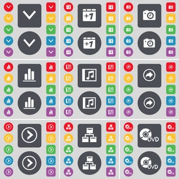 Arrow down, Plus one, Camera, Diagram, Music window, Back, Arrow right, Network, DVD icon symbol. A large set of flat, colored buttons for your design. illustration