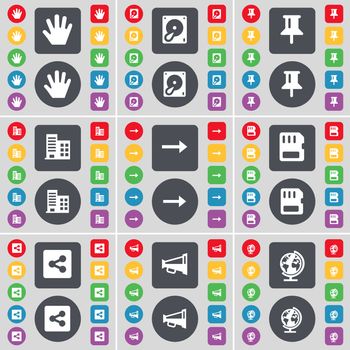 Hand, Hard drive, Pin, Building, Arrow right, SIM card, Share, Megaphone, Globe icon symbol. A large set of flat, colored buttons for your design. illustration