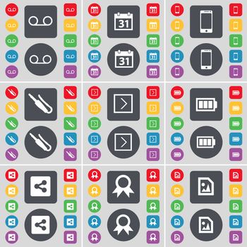 Cassette, Calendar, Smartphone, Microphone connector, Arrow right, Battery, Share, Medal, Media file icon symbol. A large set of flat, colored buttons for your design. illustration