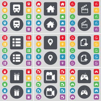 Truck, House, Clapper, List, Checkpoint, File, Gift, Film camera, Gamepad icon symbol. A large set of flat, colored buttons for your design. illustration
