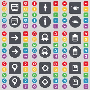 Server, Silhouette, Socket, Arrow right, Medal, Battery, Checkpoint, Gear, Floppy icon symbol. A large set of flat, colored buttons for your design. illustration