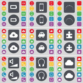 Battery, Smartphone, Stars, Cloud, Car, Puzzle part, Volume, Headphones icon symbol. A large set of flat, colored buttons for your design. illustration