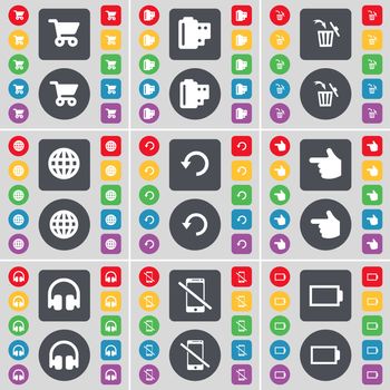 Shopping cart, Negative films, Trash can, Globe, Reload, Hand, Headphones, Smartphone, Battery icon symbol. A large set of flat, colored buttons for your design. illustration