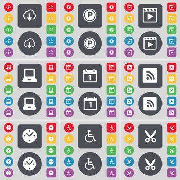 Cloud, Parking, Media player, Laptop, Calendar, RSS, Clock, Disabled person, Scissors icon symbol. A large set of flat, colored buttons for your design. illustration