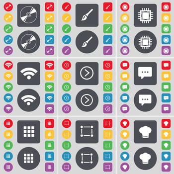 Disk, Brush, Processor, Wi-Fi, Arrow right, Chat bubble, Apps, Frame, Cooking hat icon symbol. A large set of flat, colored buttons for your design. illustration