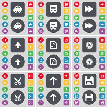 Car, Truck, Rewind, Arrow up, Music file, Lens, Scissors, Arrow up, Floppy icon symbol. A large set of flat, colored buttons for your design. illustration