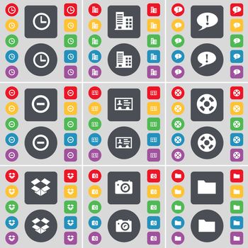 Clock, Building, Chat bubble, Minus, Credit card, Videotape, Dropbox, Camera, Folder icon symbol. A large set of flat, colored buttons for your design. illustration