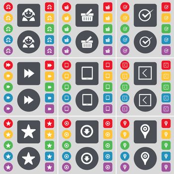 Avatar, Basket, Tick, Rewind, Tablet PC, Arrow left, Star, Arrow down, Checkpoint icon symbol. A large set of flat, colored buttons for your design. illustration