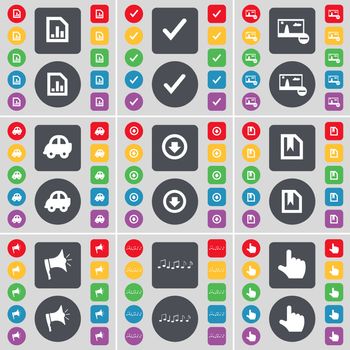 Diagram file, Tick, Picture, Car, Arrow down, File, Megaphone, Note, Hand icon symbol. A large set of flat, colored buttons for your design. illustration