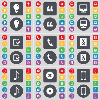 Light bulb, Quotation mark, Monitor, Survey, Receiver, Speaker, Note, Stop, Smartphone icon symbol. A large set of flat, colored buttons for your design. illustration