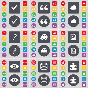 Tick, Quotation mark, Cloud, Question mark, Car, Media file, Vision, Database, Puzzle part icon symbol. A large set of flat, colored buttons for your design. illustration