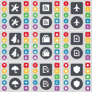 Wrench, RSS, Airplane, Bell, Shopping cart, Media file, Umbrella, Text file, Badge icon symbol. A large set of flat, colored buttons for your design. illustration