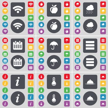 Wi-Fi, Apple, Cloud, Calendar, Umbrella, Apps, Information, Thermometer, Tray icon symbol. A large set of flat, colored buttons for your design. illustration