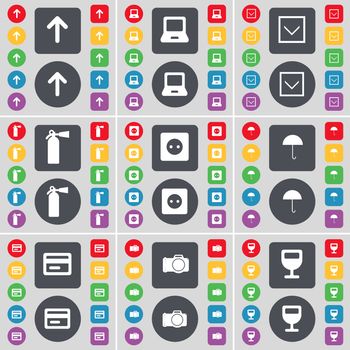 Arrow up, Laptop, Arrow down, Fire extinguisher, Socket, Umbrella, Credit card, Camera, Wineglass icon symbol. A large set of flat, colored buttons for your design. illustration
