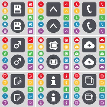 SIM card, Arrow up, Receiver, Mars symbol, Processor, Cloud, Notebook, Information, Window icon symbol. A large set of flat, colored buttons for your design. illustration