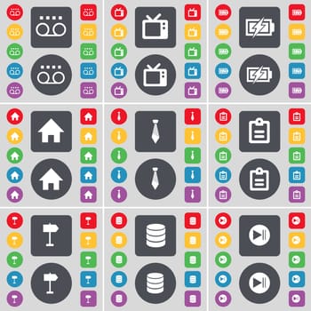 Cassette, Retro TV, Charging, House, Tie, Survey, Signpost, Database, Media skip icon symbol. A large set of flat, colored buttons for your design. illustration
