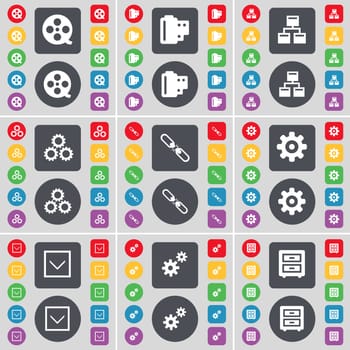 Videotape, Negative films, Network, Gear, Link, Gear, Arrow down, Bed-table icon symbol. A large set of flat, colored buttons for your design. illustration