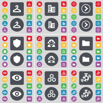 Hanger, Building, Arrow right, Badge, Avatar, Folder, Vision, Gear, Speaker icon symbol. A large set of flat, colored buttons for your design. illustration