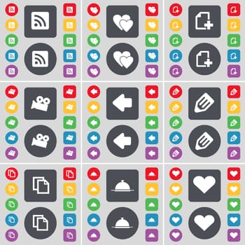 RSS, Heart, File, Film camera, Arrow left, Pencil, Copy, Tray, Heart icon symbol. A large set of flat, colored buttons for your design. illustration