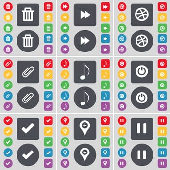 Trash can, Rewind, Ball, Clip, Note, Power, Tick, Checkpoint, Pause icon symbol. A large set of flat, colored buttons for your design. illustration