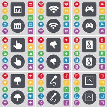 Calendar, Wi-Fi, Gamepad, Hand, Dislike, Speaker, Tree, Microphone, Arrow up icon symbol. A large set of flat, colored buttons for your design. illustration