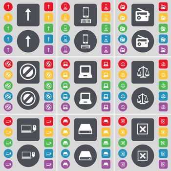 Arrow up, Smartphone, Radio, Stop, Laptop, Scales, Laptop, Hard drive, Stop icon symbol. A large set of flat, colored buttons for your design. illustration