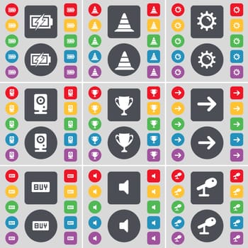 Charging, Cone, Gear, Speaker, Cup, Arrow right, Buy, Sound, Microphone icon symbol. A large set of flat, colored buttons for your design. illustration