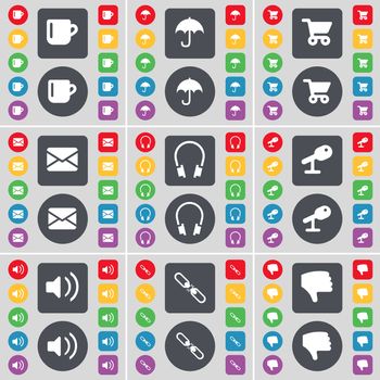 Cup, Umbrella, Shopping card, Message, Headphones, Microphone, Sound, Link, Dislike icon symbol. A large set of flat, colored buttons for your design. illustration