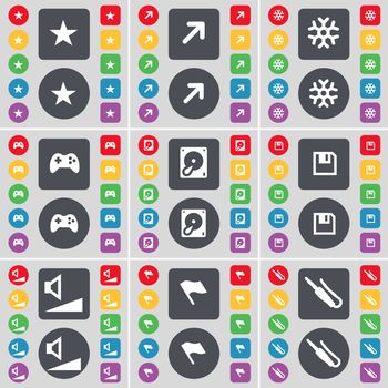 Star, Full screen, Snowflake, Gamepad, Hard drive, Floppy, Volume, Flag, Microphone connector icon symbol. A large set of flat, colored buttons for your design. illustration