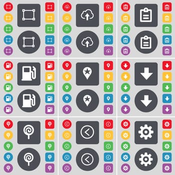 Frame, Cloud, Survey, Gas station, Checkpoint, Arrow down, Lollipop, Arrow left, Gear icon symbol. A large set of flat, colored buttons for your design. illustration